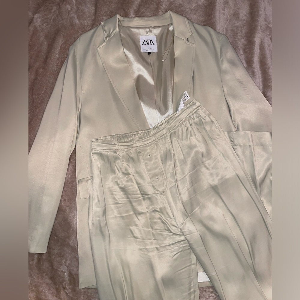 Zara olive satin suit jacket and pants S - Picture 2 of 6